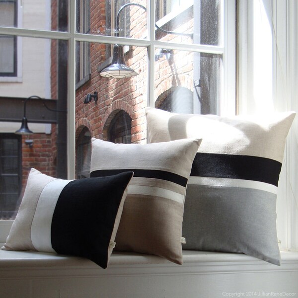 Black & White Chambray Striped Colorblock Pillow Cover Set of 3 - Modern Home Decor by JillianReneDecor