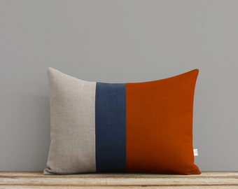 Color Block Stripe Pillow Cover in Rust, Navy and Natural Linen by JillianReneDecor (12x16) Southwestern Home Decor Stripe Trio