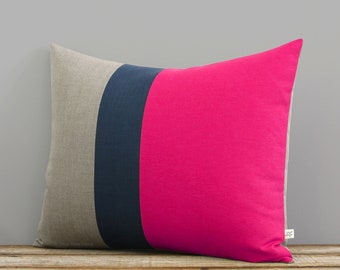 Color Block Pillow in Hot Pink, Navy and Natural Linen (16x20) by JillianReneDecor, Modern Decor - Bright Striped Trio - Custom Colors