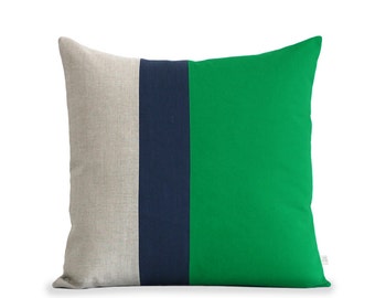 Color Block Stripe Pillow in Kelly Green Navy and Linen by | Etsy