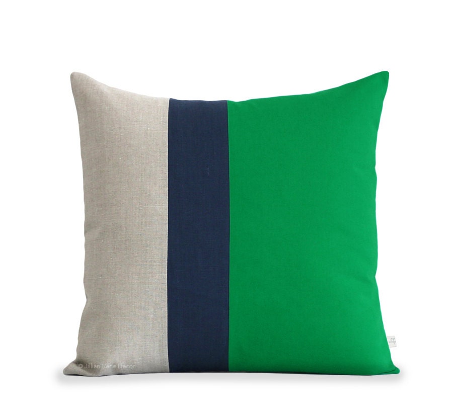 Color Block Stripe Pillow (20x20) Emerald Green, Navy and Natural Linen by JillianReneDecor Modern Home Decor Colorblock Striped Trio Kelly