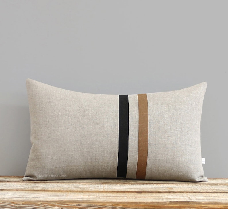16x16 or 12x20 Black and Brown Black and Natural Autumn Home Decor by JillianReneDecor Striped Linen Pillow Cover Caramel Masculine
