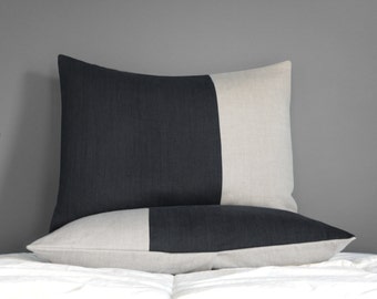 Two Tone Colorblock Pillow Shams, Color Block Bedding, Black Linen, Modern Linen Bedding by JillianReneDecor - Bedroom - Custom (Set of 2)