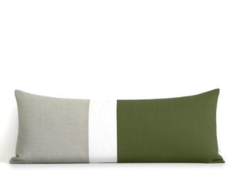 Olive Colorblock Pillow Cover, Bedding, 14x35 Lumbar Pillow, Decorative Pillows by JillianReneDecor, Extra Long Color Block, Green Pillow