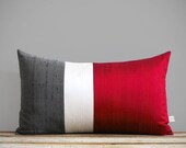 Red Silk Color Block Pillow (12x20) Luxury Gift for Her by JillianReneDecor - Ruby Red, Cream, Gray, Metallic, Holiday Home Decor, Glam