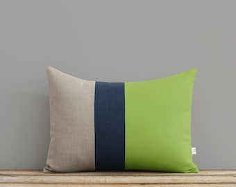 Color Block Stripe Pillow Cover in Lime Green, Navy and Natural Linen by JillianReneDecor - Modern Home Decor - Decorative Pillow