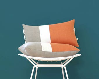 Pumpkin Orange Colorblock Cushion Cover with Cream Stripe (Set of 2) by JillianReneDecor, Modern Home Decor, Fall Decorative Pillows, 12x20