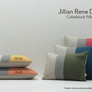 May include: Four colorblock pillows in various sizes, including 12x16, 12x20, 16x20, and 20x20 inches. The pillows are made of linen and feature a variety of colors, including gray, yellow, orange, green, and blue. The text "Jillian Rene Decor&trade; Colorblock Pillow Sizes" is displayed above the pillows.