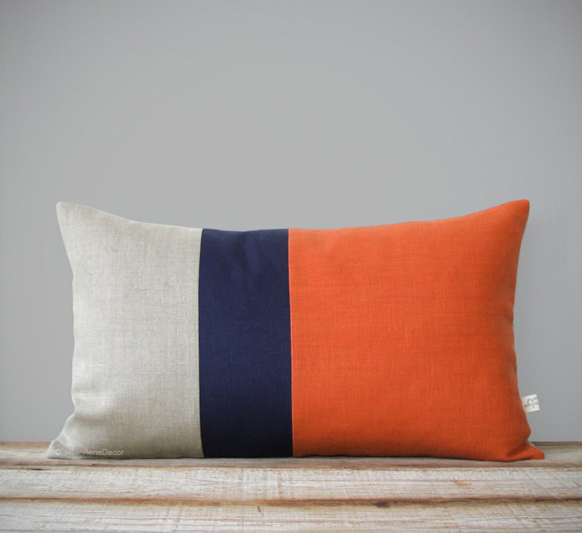 Orange Colorblock Pillow Cover With Navy and Natural Linen Etsy