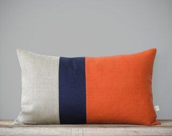 Orange Colorblock Pillow Cover with Navy and Natural Linen Stripes by JillianReneDecor (12x20) Modern Home Decor, Stripe Trio, Lumbar Pillow
