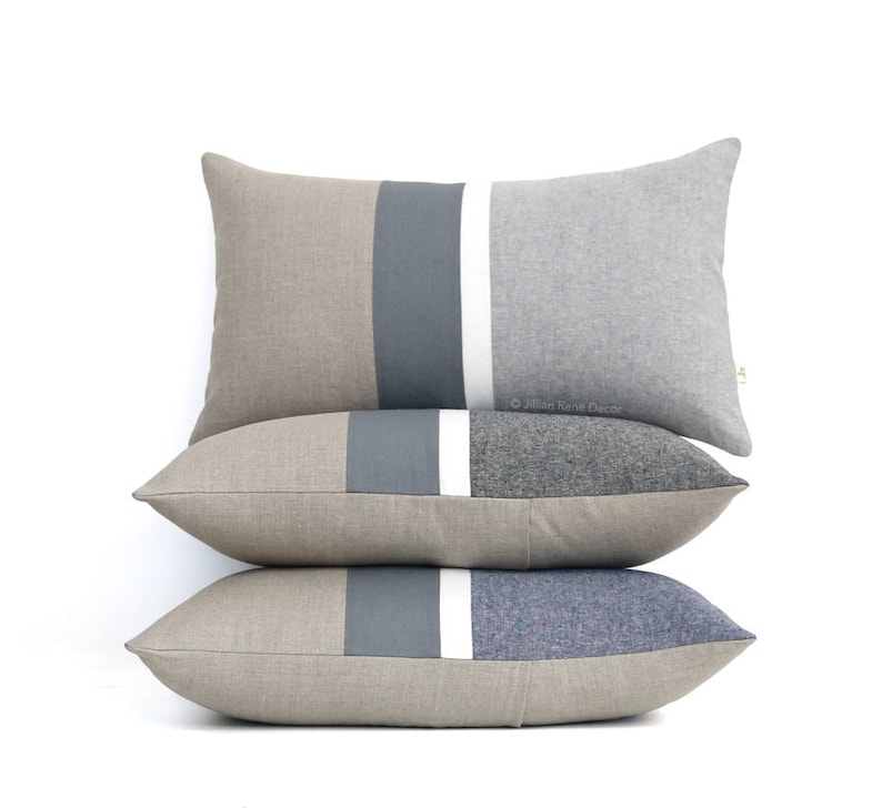 Chambray Striped Lumbar Pillow Cover Gray Color Block Pillow Neutral Colors
