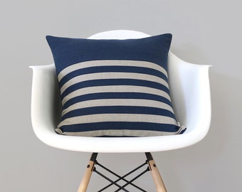 Breton Stripe Patterned Pillow Cover in Navy Blue and Natural Linen by JillianReneDecor (18x18) Nautical Home Decor - Striped Pillow