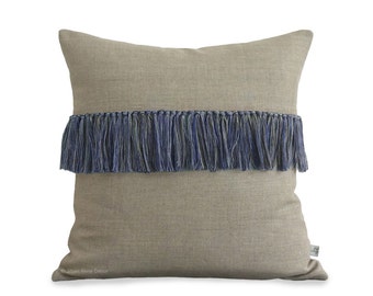 Cobalt Fringe Pillow Cover in Natural Linen - Hand Knotted Accent Pillow by JillianReneDecor - Modern Home Decor - Boho Chic - Indigo Blue