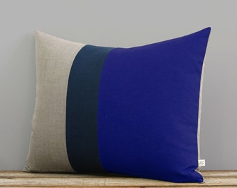 Color Block Pillow Cover in Cobalt, Navy and Natural Linen (16x20) by JillianReneDecor Beach House Home Decor - Striped Trio - Indigo Blue