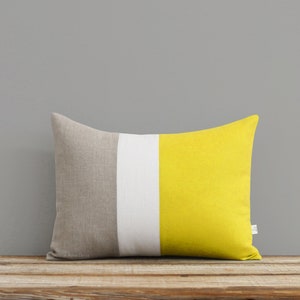 Lemon Yellow Linen Colorblock Cushion Cover with Cream Stripe by JillianReneDecor Spring Summer Home Decor Bright Yellow Buttercup image 1