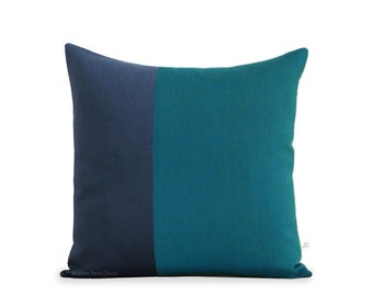 Minimal Linen Pillow Cover in Teal and Navy - 18x18 - by JillianReneDecor | Modern Home Decor | Two Tone | Colorblock Pillow