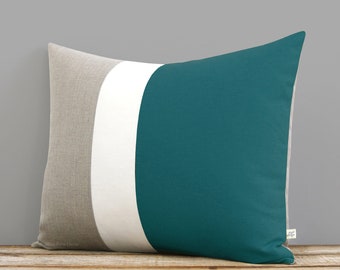 16x20 Color Block Pillow Cover in Teal, Cream and Natural Linen by JillianReneDecor -  Home Decor - Striped Trio - Custom