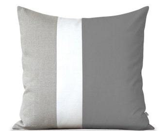 Minimal Color Block Pillow (20x20) Grey Cream and Natural Linen by JillianReneDecor Modern Home Decor Colorblock Striped Trio