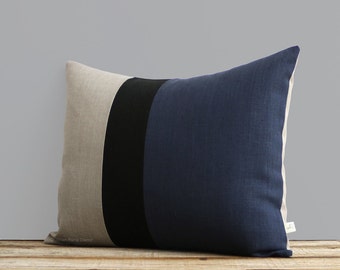 Navy Blue, Black and Natural Linen Colorblock Pillow Cover (16x20) by JillianReneDecor, Modern, Masculine Home Decor, Stripe Trio, Stripes