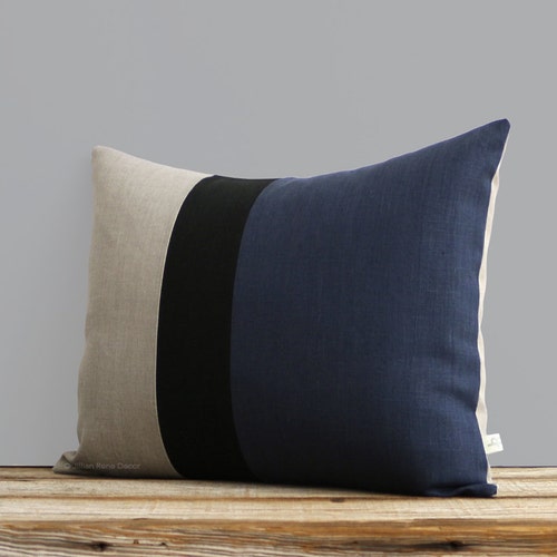 Navy Blue Black and Natural Linen Colorblock Pillow Cover | Etsy