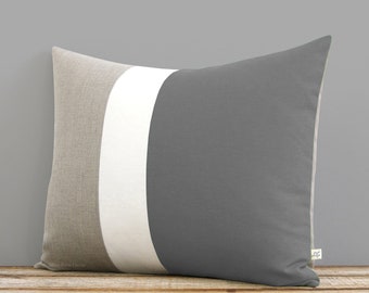 16x20 Color Block Pillow in Gray, Cream and Natural Linen by JillianReneDecor - Minimal Home Decor - Striped Trio - Paloma - Ash Gray