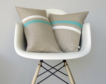 Modern Turquoise and Cream Striped Decorative Pillow Set - (12x20) and (16x16) by JillianReneDecor - Minimal Home Decor - Mint Stripe