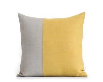 Minimal Linen Pillow Cover in Yellow and Natural Linen (18x18) by JillianReneDecor, Modern Home Decor, Two Tone Colorblock Pillow, Squash