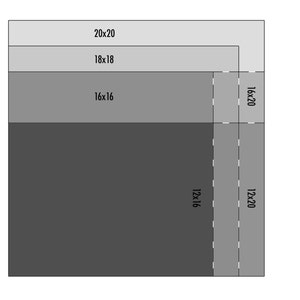 May include: A diagram showing different sizes of squares. The largest square is 20 inches by 20 inches, the next largest is 18 inches by 18 inches, the next is 16 inches by 16 inches, and the smallest is 12 inches by 16 inches. There is a smaller rectangle that is 12 inches by 20 inches.