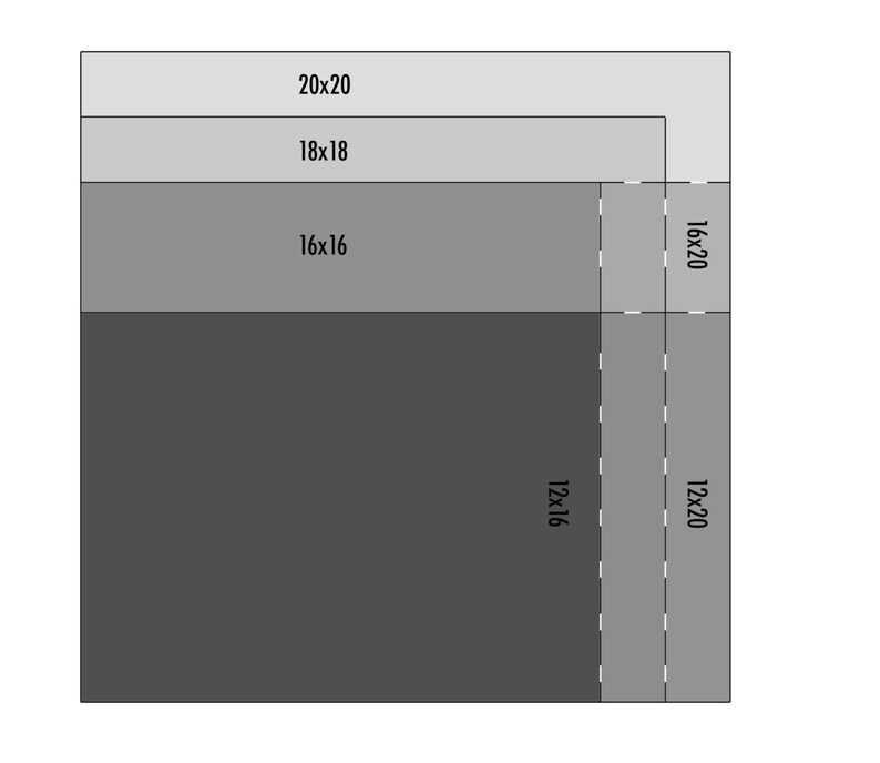 May include: A diagram showing different sizes of squares. The largest square is 20 inches by 20 inches, the next largest is 18 inches by 18 inches, the next is 16 inches by 16 inches, and the smallest is 12 inches by 16 inches. There is a smaller rectangle that is 12 inches by 20 inches.