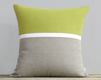 Horizon Line Pillow Cover in Linden Green, Cream & Natural Linen Stripes by JillianReneDecor, Modern Home Decor, Fall Pantone Golden Lime