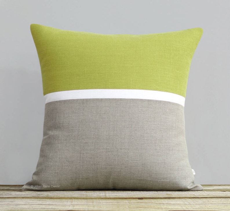 Cream /& Natural Linen Stripes by JillianReneDecor Horizon Line Pillow Cover in Linden Green Modern Home Decor Fall Pantone Golden Lime