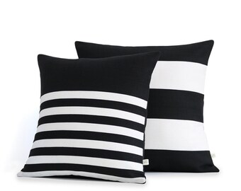 Decorative Pillow Cover Set of 2: Stripes in Black and Cream Linen by JillianReneDecor, Rugby Stripe (20x20) and Breton Stripe (18x18)