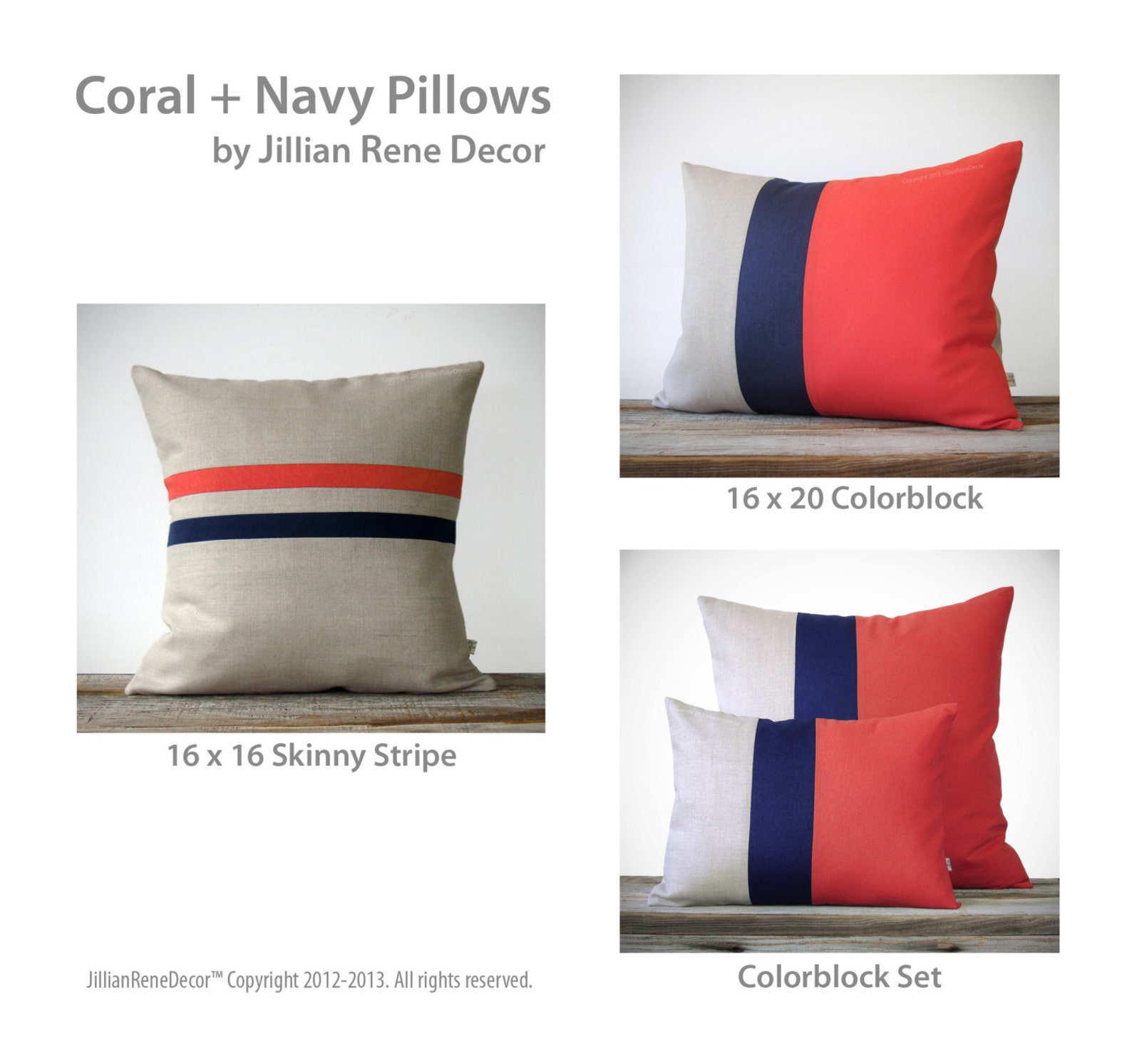 Coral and Navy Striped Pillow Set 12x20 and 16x16 by Etsy