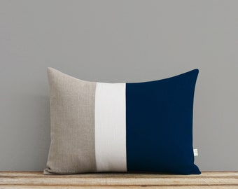 Navy Blue Colorblock Pillow Cover with Cream and Natural Linen Stripes by JillianReneDecor, 12x16, Modern Striped Nautical Decor