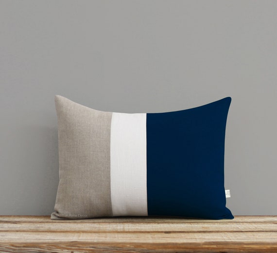 Navy Blue Colorblock Pillow Cover with Navy Blue 100% Linen Pillowcase