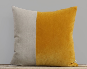 Velvet Colorblock Pillow Cover in Golden Mustard and Natural Linen by JillianReneDecor, Modern Home Decor, Two Tone Color Block Pillow