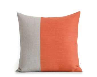 Minimal Linen Pillow Cover in Orange and Natural Linen (18x18) by JillianReneDecor, Modern Home Decor, Two Tone Color Block Pillow