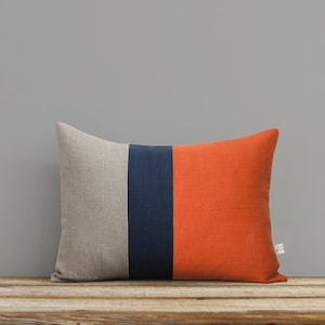 Orange Spice Colorblock Pillow with Navy and Natural Linen Stripes by JillianReneDecor (12x16) Modern Home Decor - Stripe Trio Pumpkin Koi