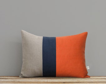 Orange Spice Colorblock Pillow with Navy and Natural Linen Stripes by JillianReneDecor (12x16) Modern Home Decor - Stripe Trio Pumpkin Koi