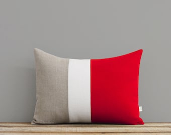Poppy Red Colorblock Pillow Cover with Cream and Natural Linen Stripes by JillianReneDecor, Modern Holiday Decor, Christmas Pillow