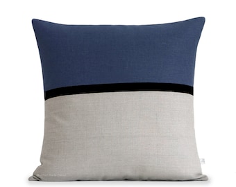 20x20 Navy Blue Horizon Line Pillow Cover with Black & Natural Linen Stripes by JillianReneDecor, Modern Home Decor, Striped Colorblock