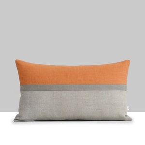 Pumpkin Horizon Line Pillow Cover with Stone Grey & Natural Stripes by JillianReneDecor, Autumn Home Decor, Fall Color Block, Orange Lumbar image 1