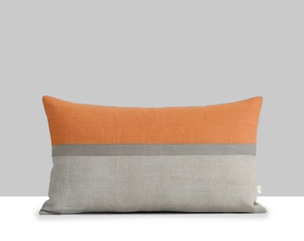 Pumpkin Horizon Line Pillow Cover with Stone Grey & Natural Stripes by JillianReneDecor, Autumn Home Decor, Fall Color Block, Orange Lumbar