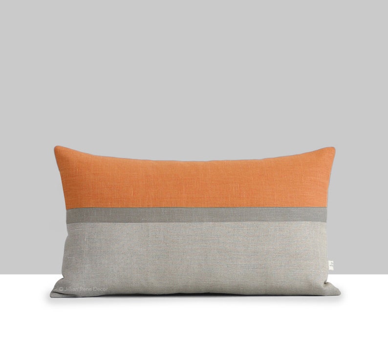 Pumpkin Horizon Line Pillow Cover with Stone Grey & Natural Stripes by JillianReneDecor, Autumn Home Decor, Fall Color Block, Orange Lumbar image 1