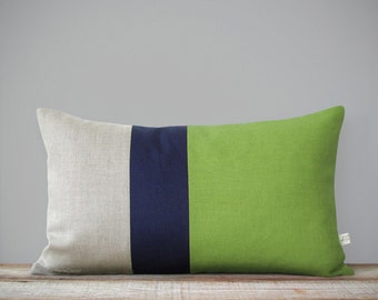 Color Block Stripe Pillow Cover in Lime Green, Navy and Natural Linen (12x20) by JillianReneDecor - Decorative Pillows, Pantone Greenery