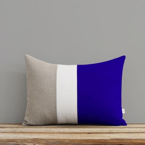 Cobalt Blue Colorblock Decorative Pillow Cover Cream Stripe and Natural Linen by JillianReneDecor 12x16 Modern Home Decor image 1