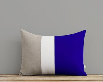 Cobalt Blue Colorblock Decorative Pillow Cover Cream Stripe and Natural Linen by JillianReneDecor (12x16) Modern Home Decor