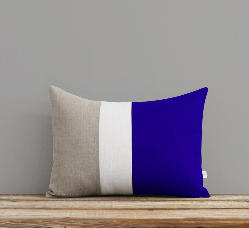 Cobalt Blue Colorblock Decorative Pillow Cover Cream Stripe and Natural Linen by JillianReneDecor 12x16 Modern Home Decor image 1