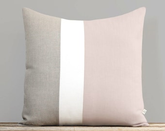 20x20 Colorblock Cushion Cover is Pale Pink, Cream & Natural Linen by JillianReneDecor, Millennial Pink, Pantone Spring 2018, Blush