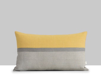 Ochre Linen Horizon Line Pillow Cover with Stone Grey & Natural Stripes by JillianReneDecor, Autumn Home Decor, Color Block, Squash Yellow